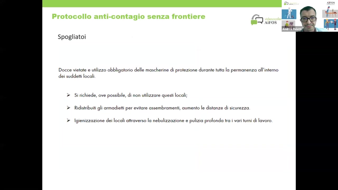 Spogliatoi

Docce vietote e utilizzo obbligotorio delle moscherine di protezione duronte tutto lo permonenzo o||'interno
dei suddetti locoli.
2 Si richiede, ove possibile, dn non utilizzcxre questi locali;
r Ridistribuih gli ormodietti per evifore ossembrcxmenti, oumento le distonze di sicurezza.

r lgienizzozione dei |occ:|i attroverso Io nebulizzozione e pulizio profondo trc: i vori turni di lovoro